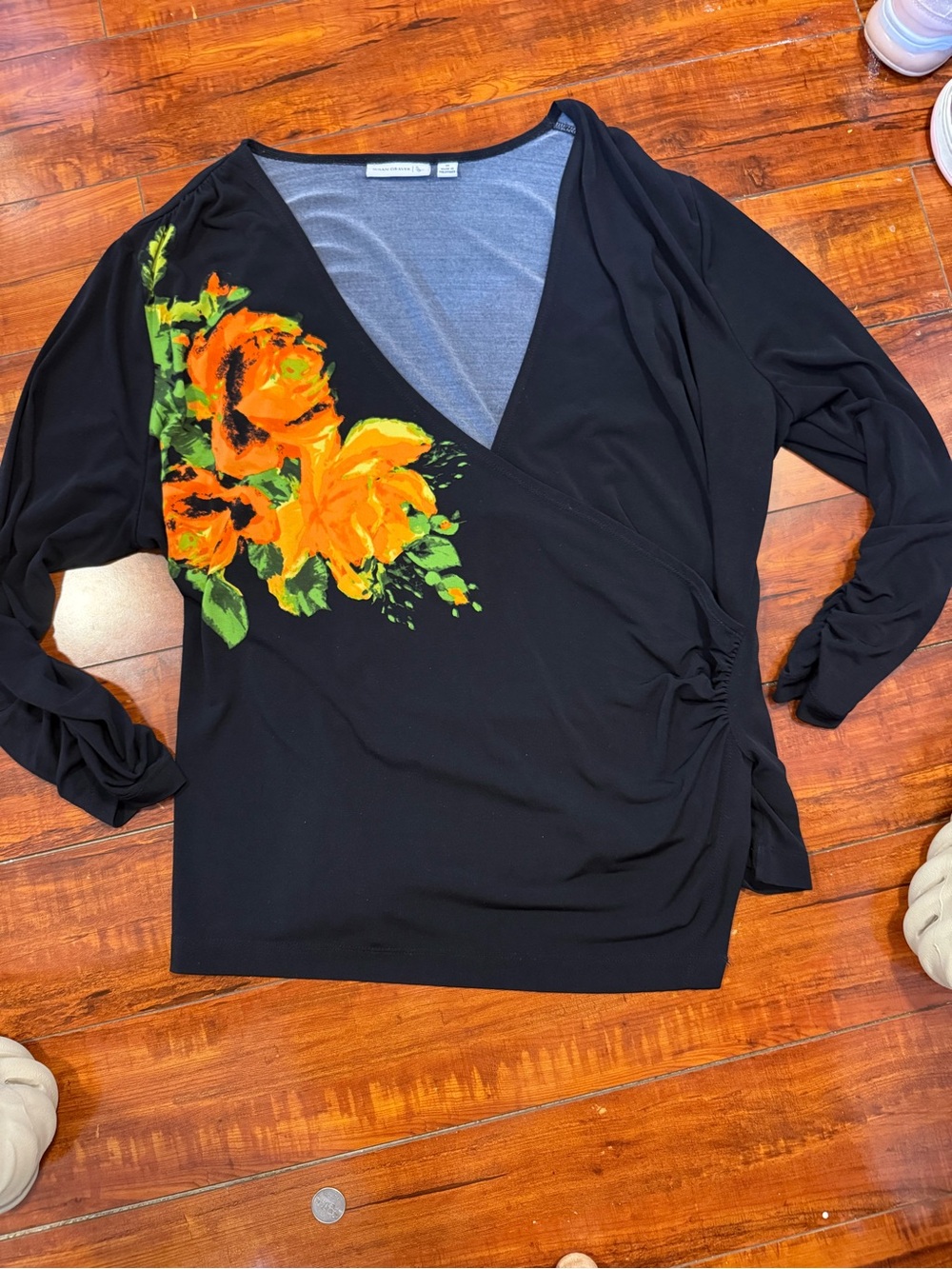 Susan Graver Black Wrap-Style Top with Bright Orange Floral